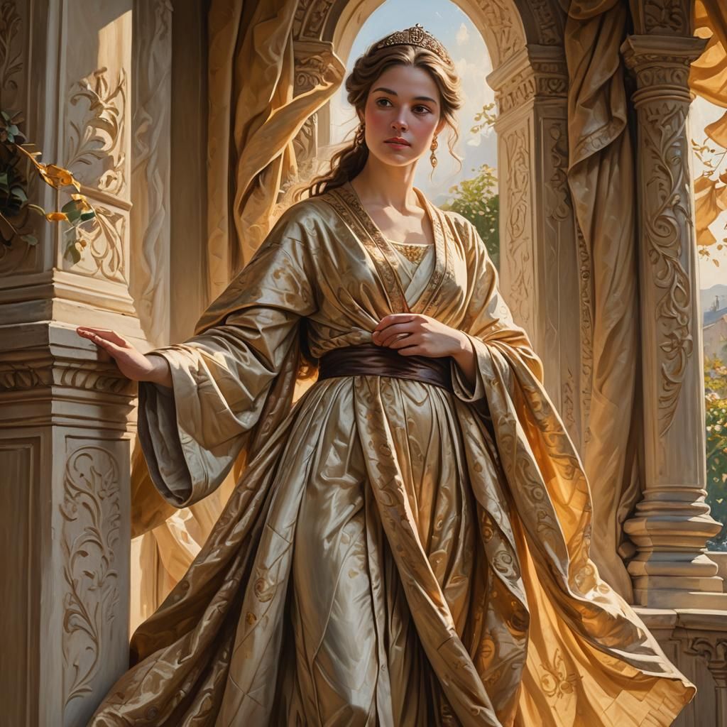 Princess on Balcony: Classical Portrait Oil Painting