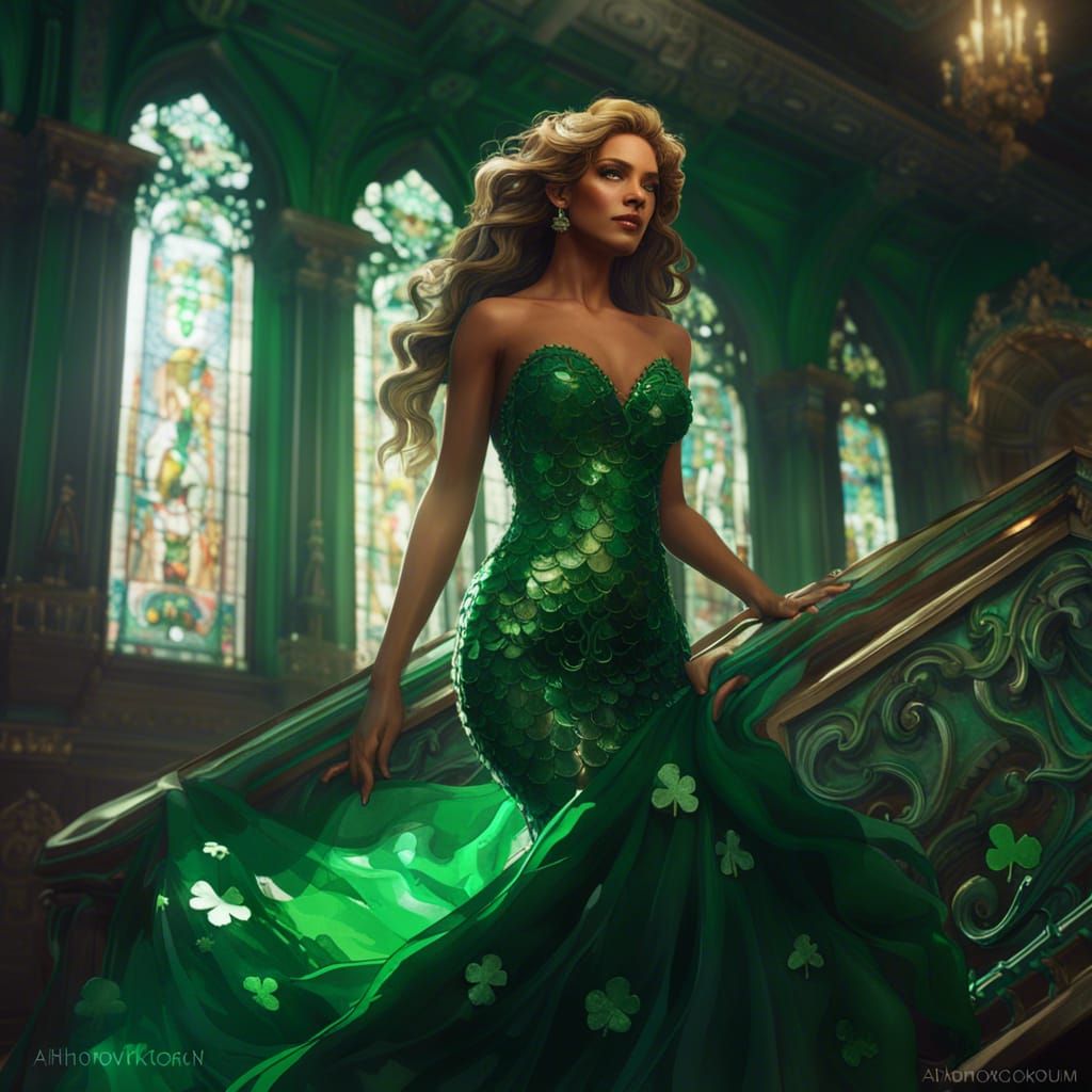 Emerald Mermaid Dress Portrait in Art Nouveau Style