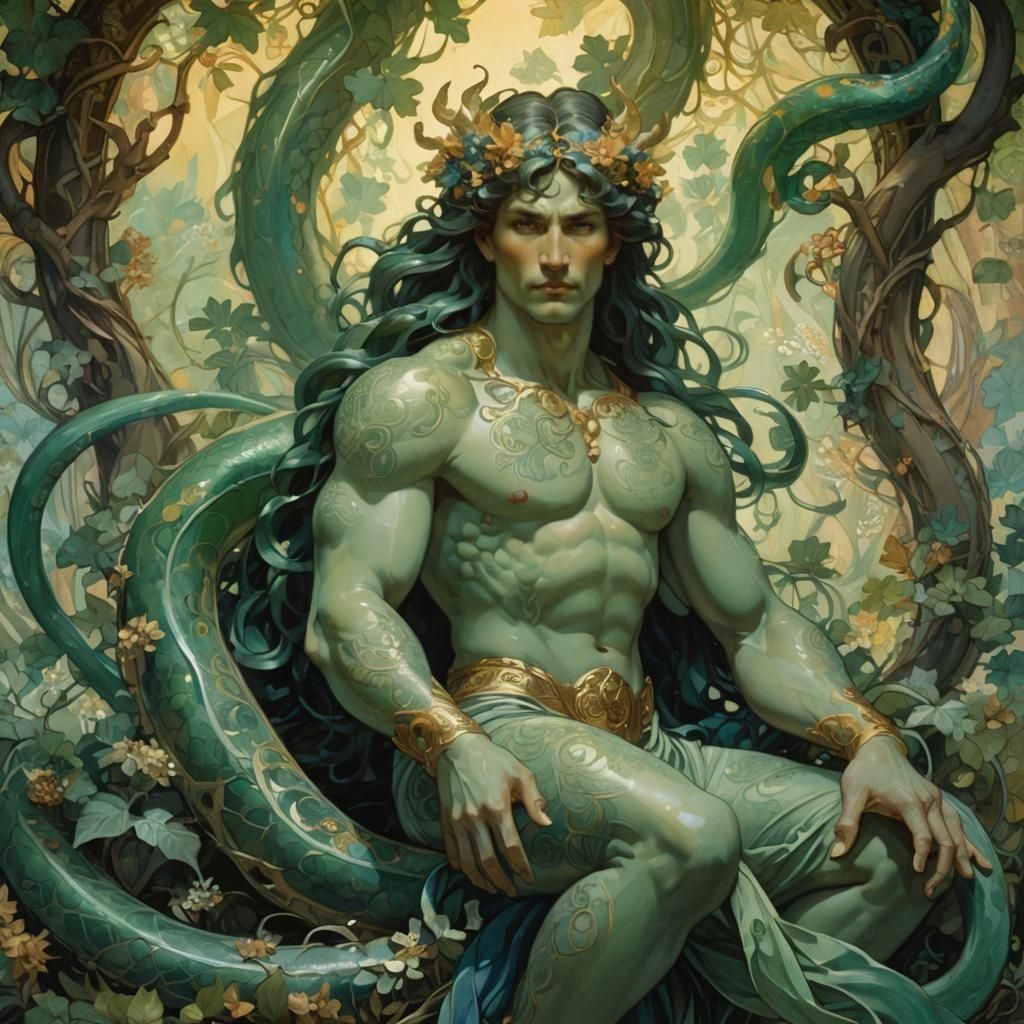 powerful male naga by Alfons Mucha oil on canvas