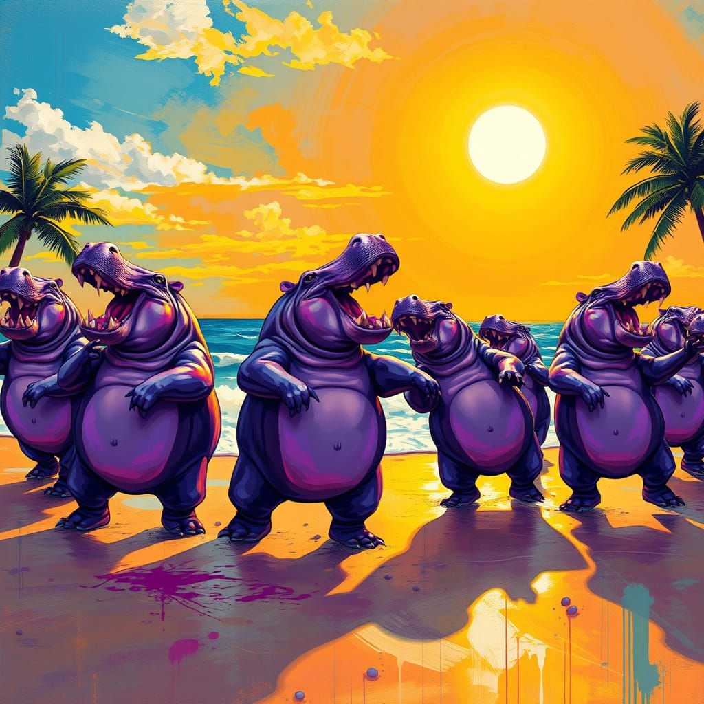 Purple Hippos Dancing on Beach in Graffiti Splash Art Style