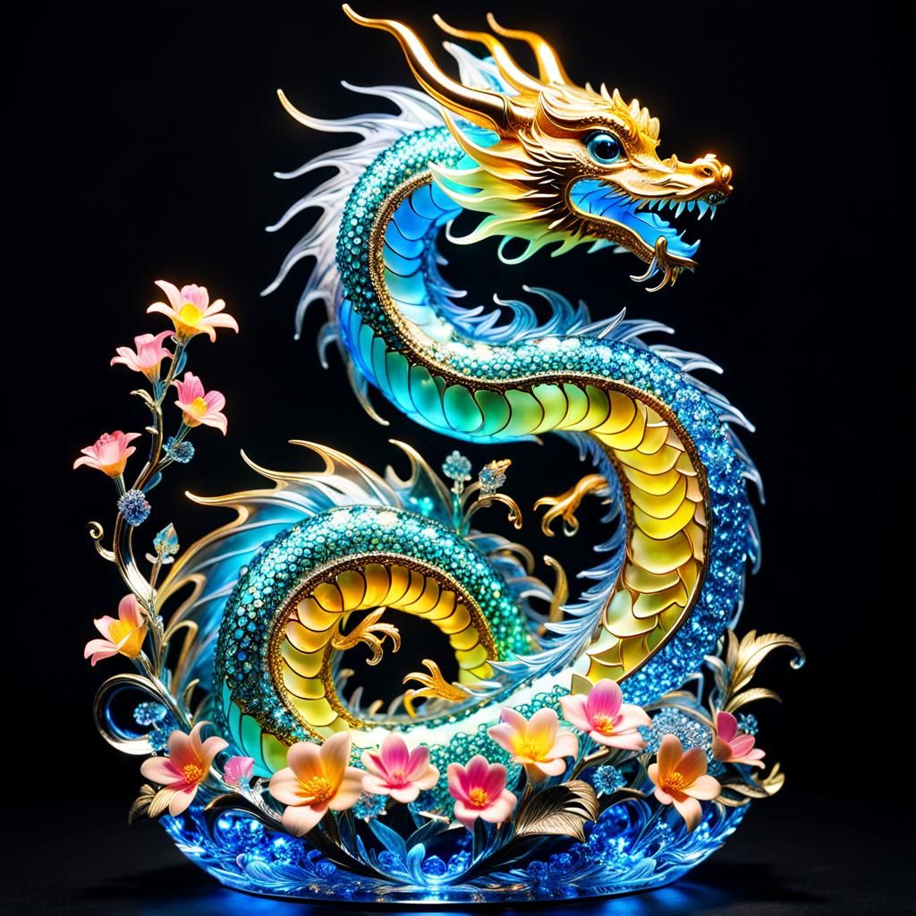 Crystal Dragon Sculpture with Bioluminescent Flowers