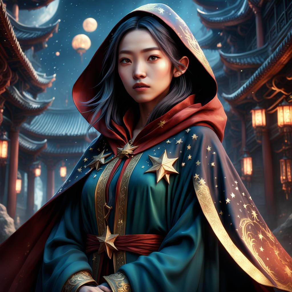 Chinese Girl in Star Cloak: Detailed Matte Painting