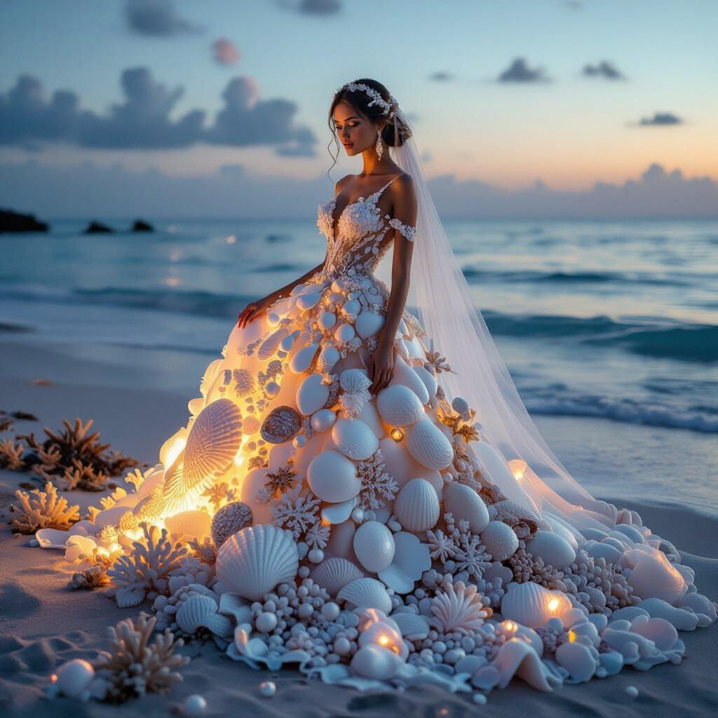 Ethereal Seashell Bride on Twilight Shore