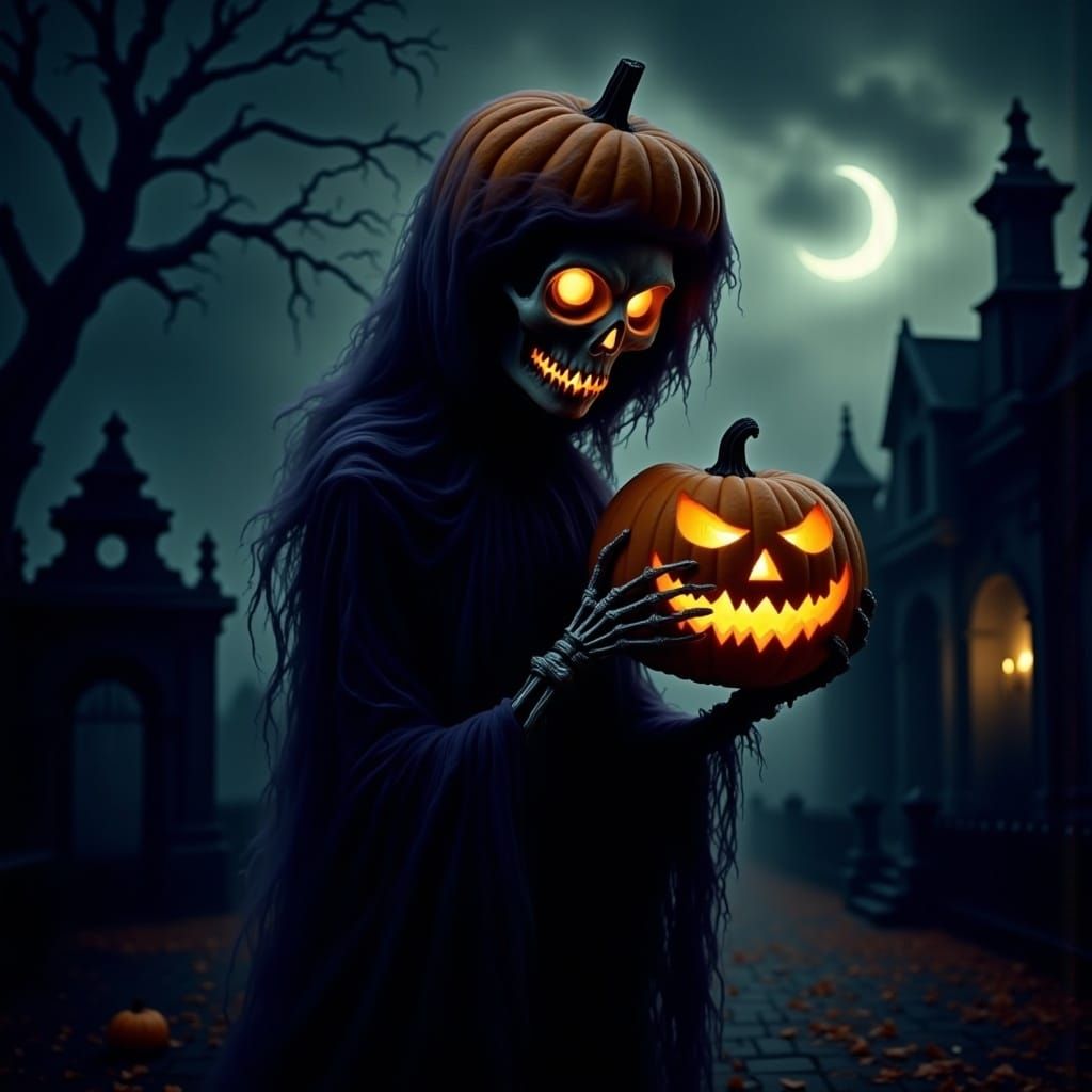 Gothic Pumpkin Head Ghost in Haunted Graveyard