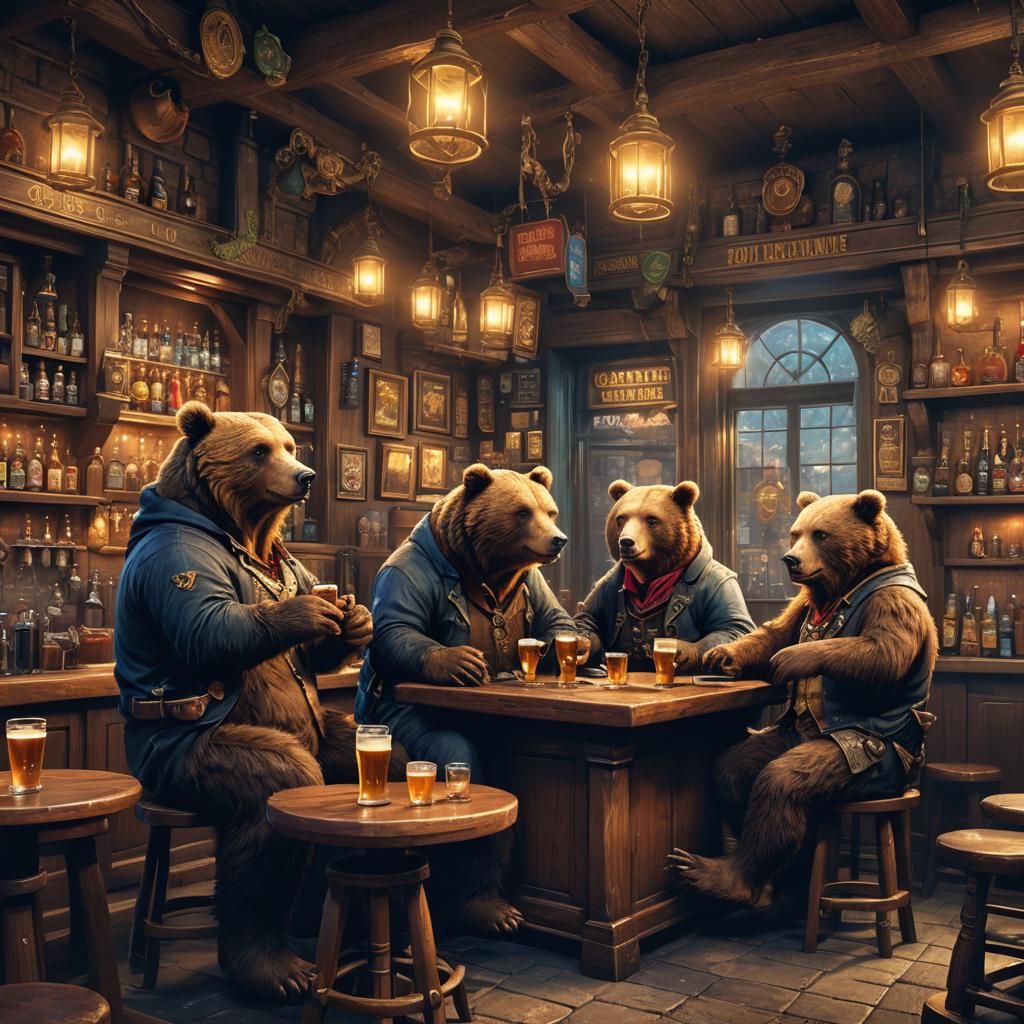 Bears Compete in Pub Quiz: Detailed Matte Painting