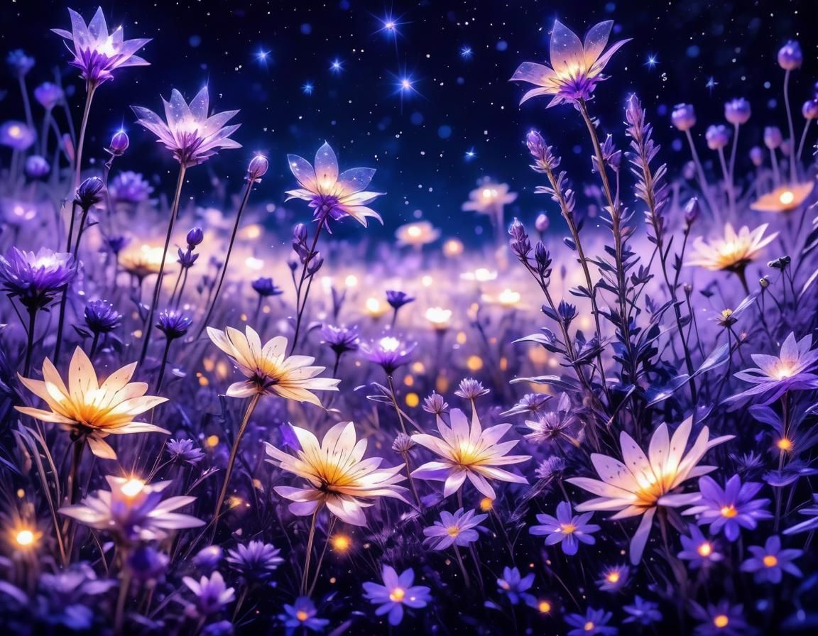 Luminescent Flowers Under Twinkling Night Sky