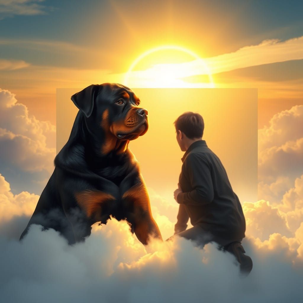 Serene Rottweiler in Heaven's Realm with Transparent Wall