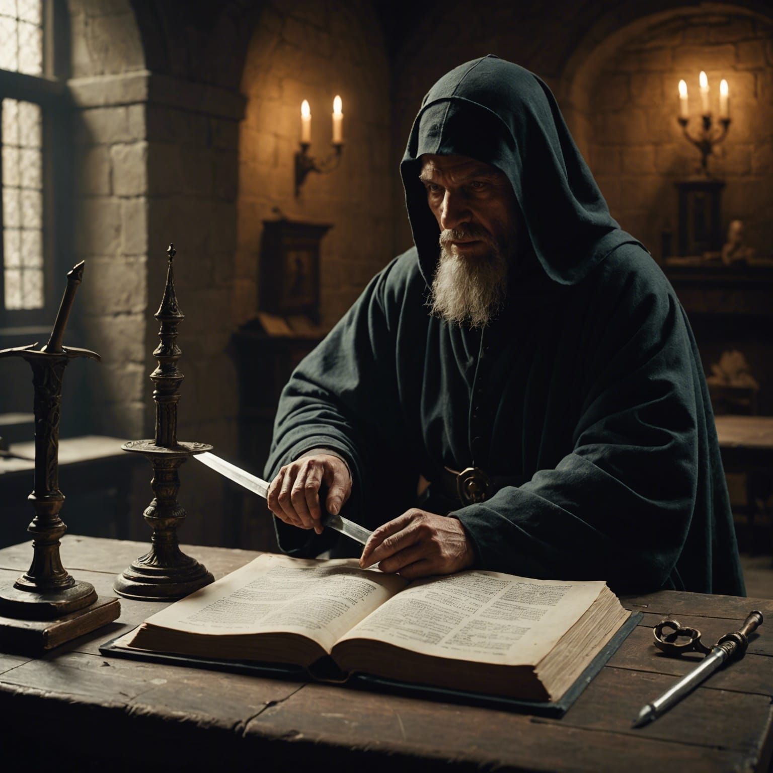 Medieval Scriptorium with Blind Man and Halberd