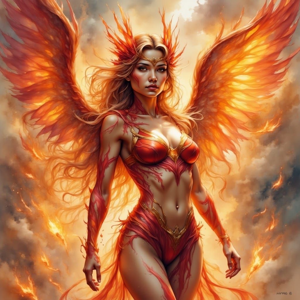 Phoenix Woman in Watercolor Style with Flaming Wings