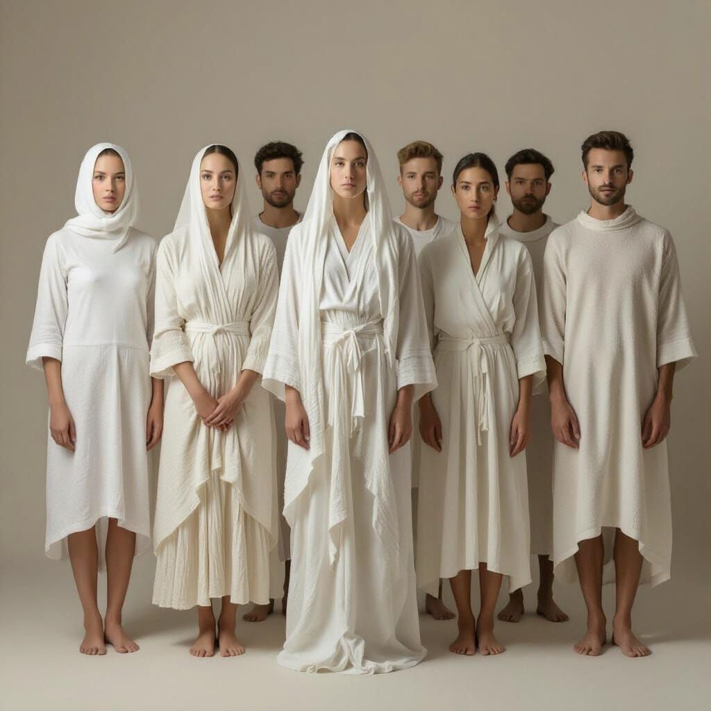 People in White Robes in Magical Realism Style