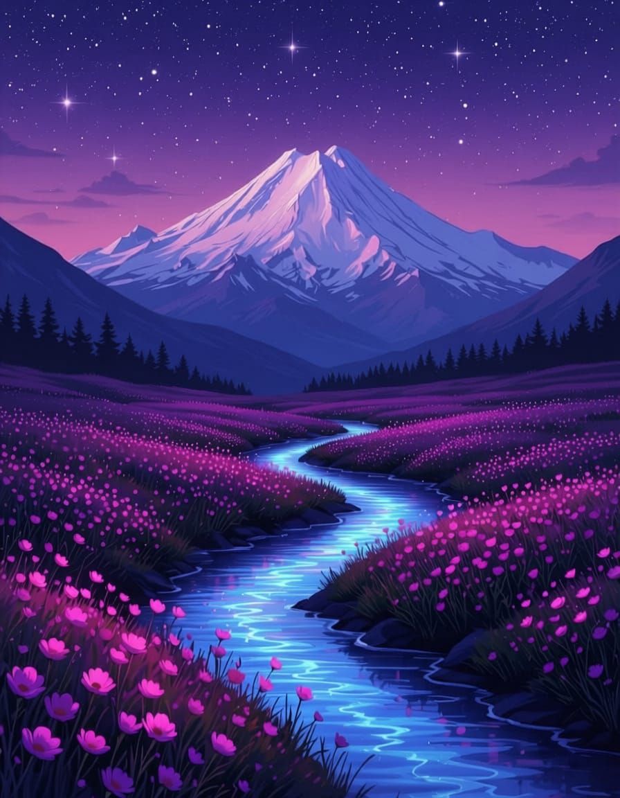 Glowing Mountain Stream Amidst Wildflowers in Digital Fantas...