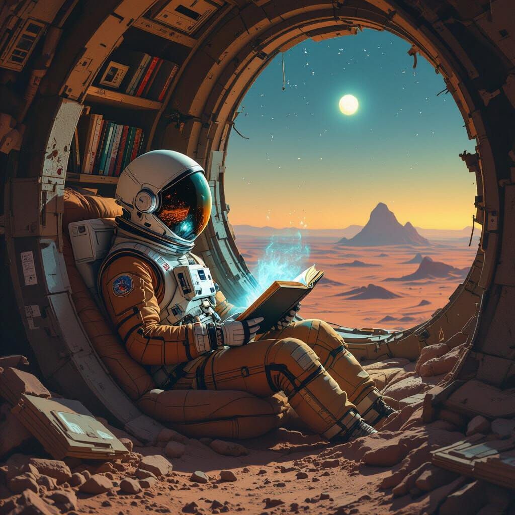 Astronaut Reading on Alien World in Digital Art Style