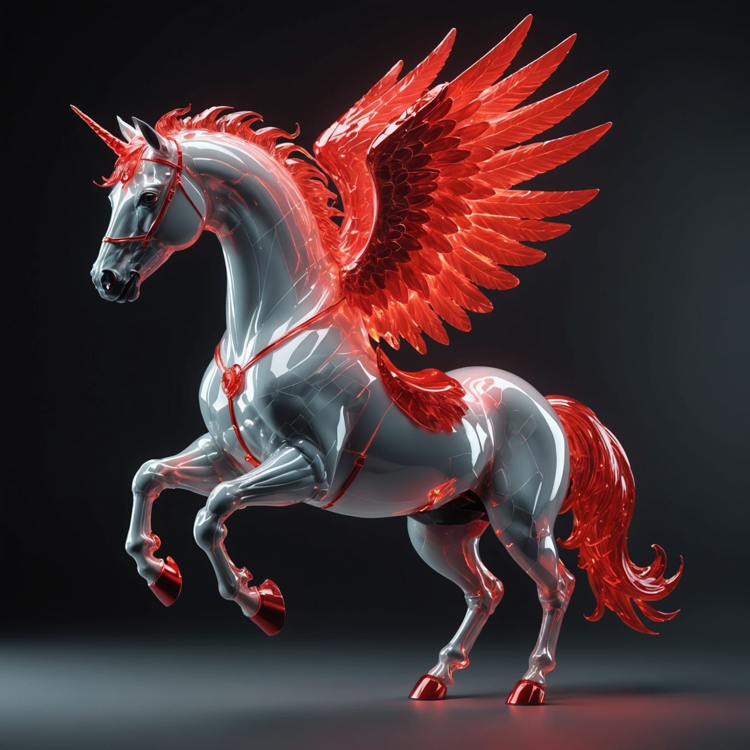 Glowing Crystal Horse with Red Wings: 3D Render