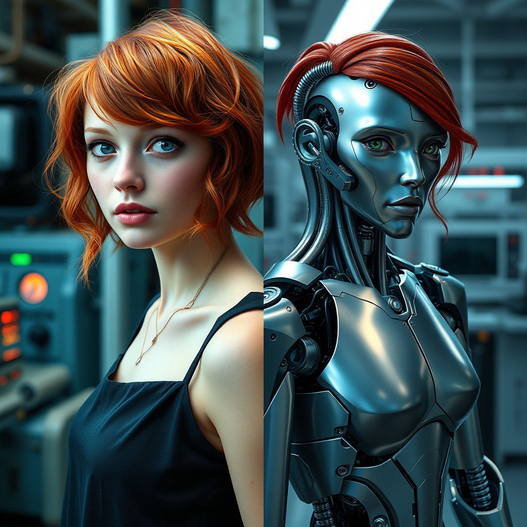 Cyberpunk Portrait: Woman and Robot Duplicate