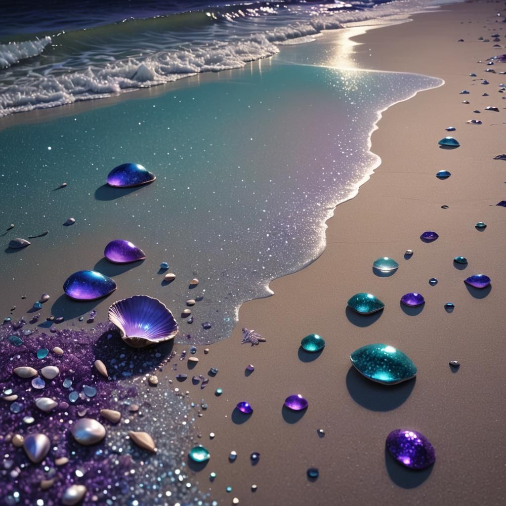 Glittering Bioluminescent Beach at Night: Fantastical Concep...