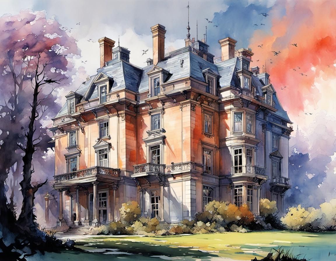 Sci-Fi Georgian Manor in Watercolor Style