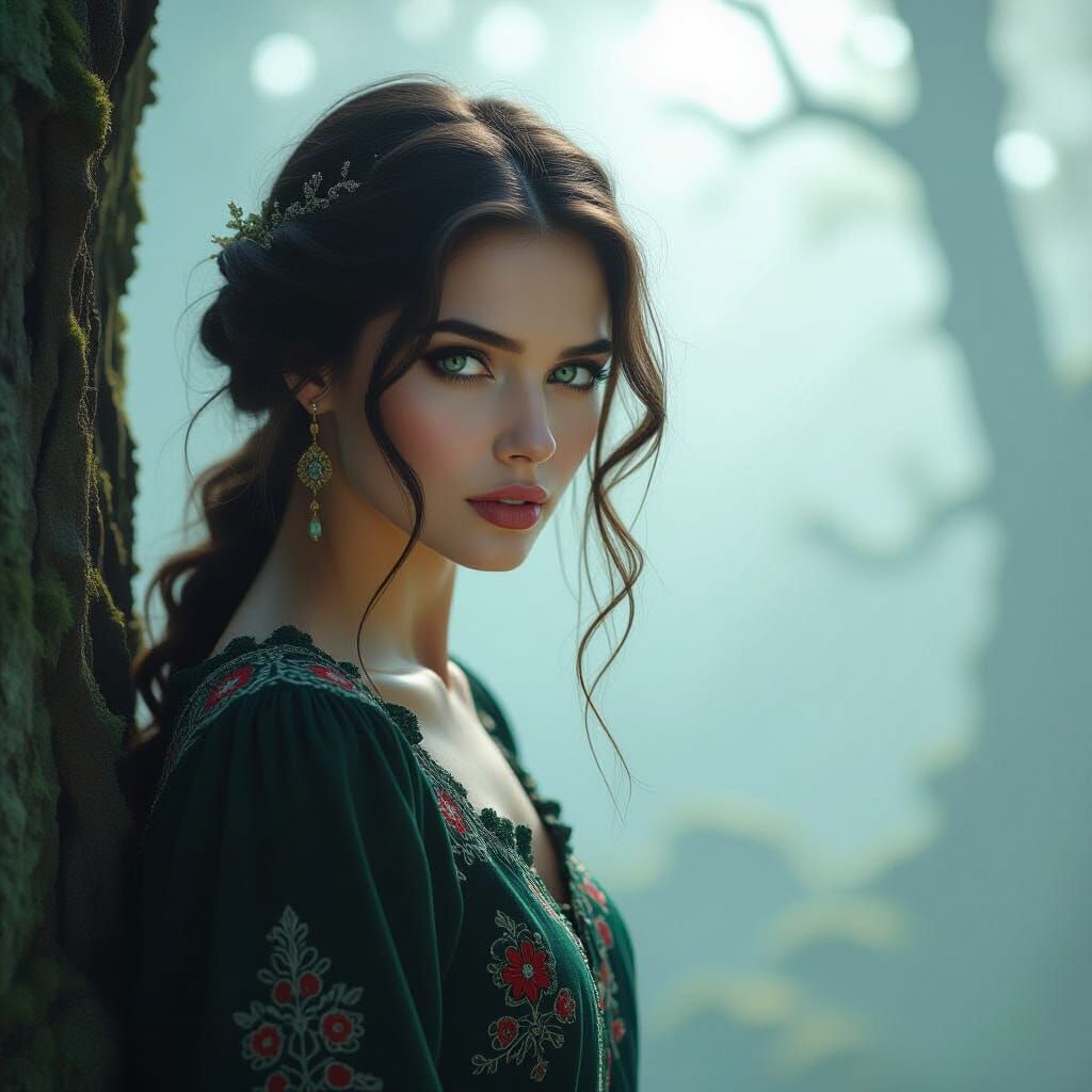 Mysterious Woman in Foggy Forest, Ethereal Fantasy Art