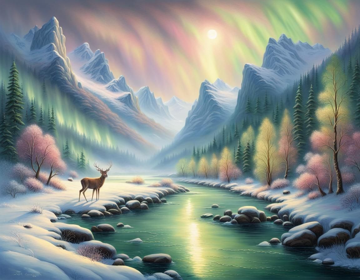 Northern Lights Over Snow-Covered Mountain River