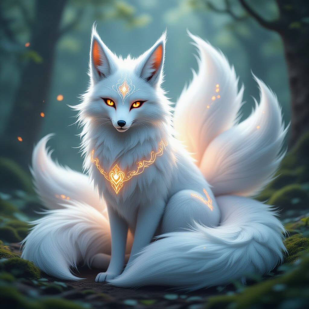 Majestic Glowing Nine-Tailed Kitsune in Photorealistic Style