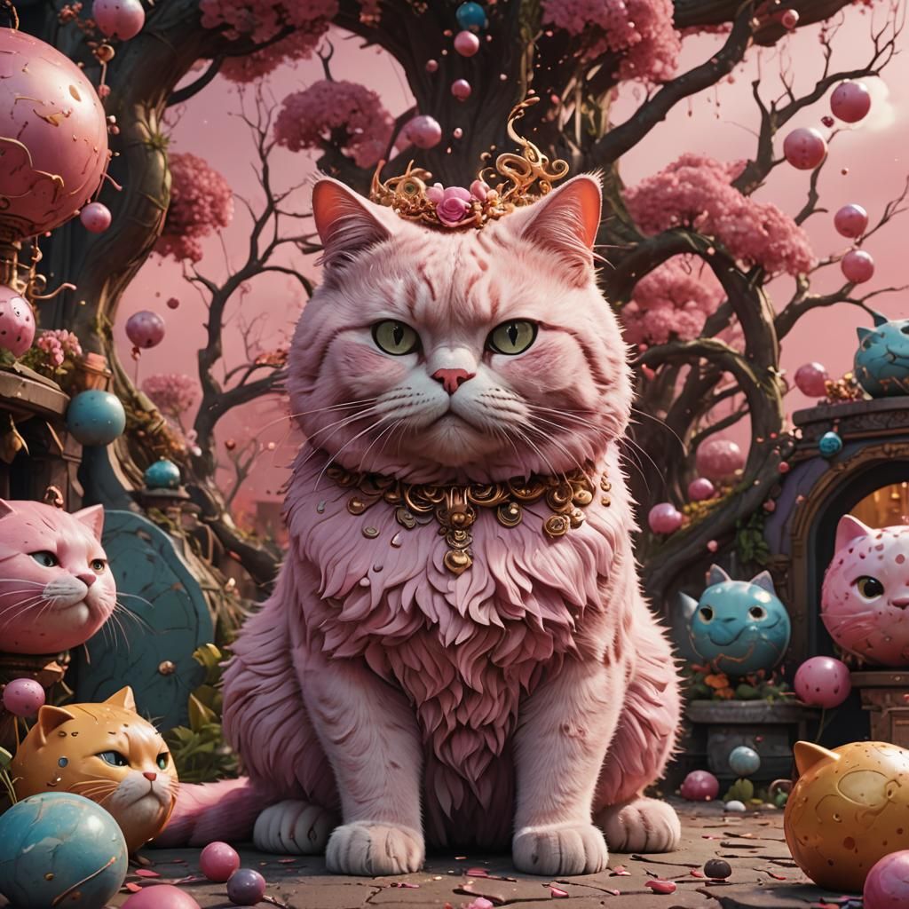 Pink Cat with Big Head Stares Intently