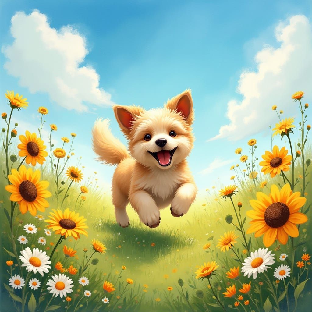 Joyful Dog in Wildflower Meadow Under Sunny Sky