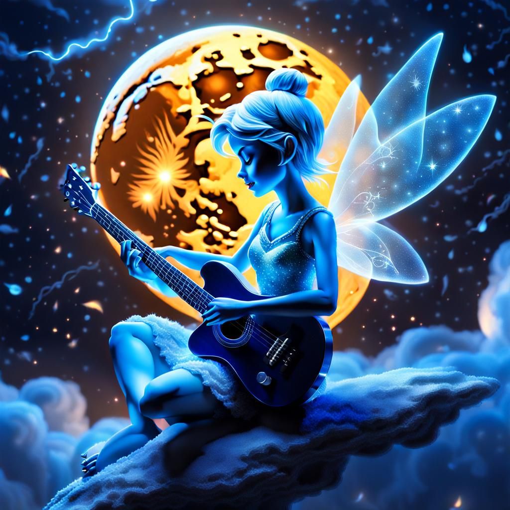 Tinkerbell Plays Guitar on Moon in Digital Art
