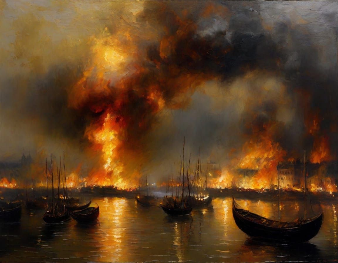 The Great Fire of London in Dramatic Oil Painting