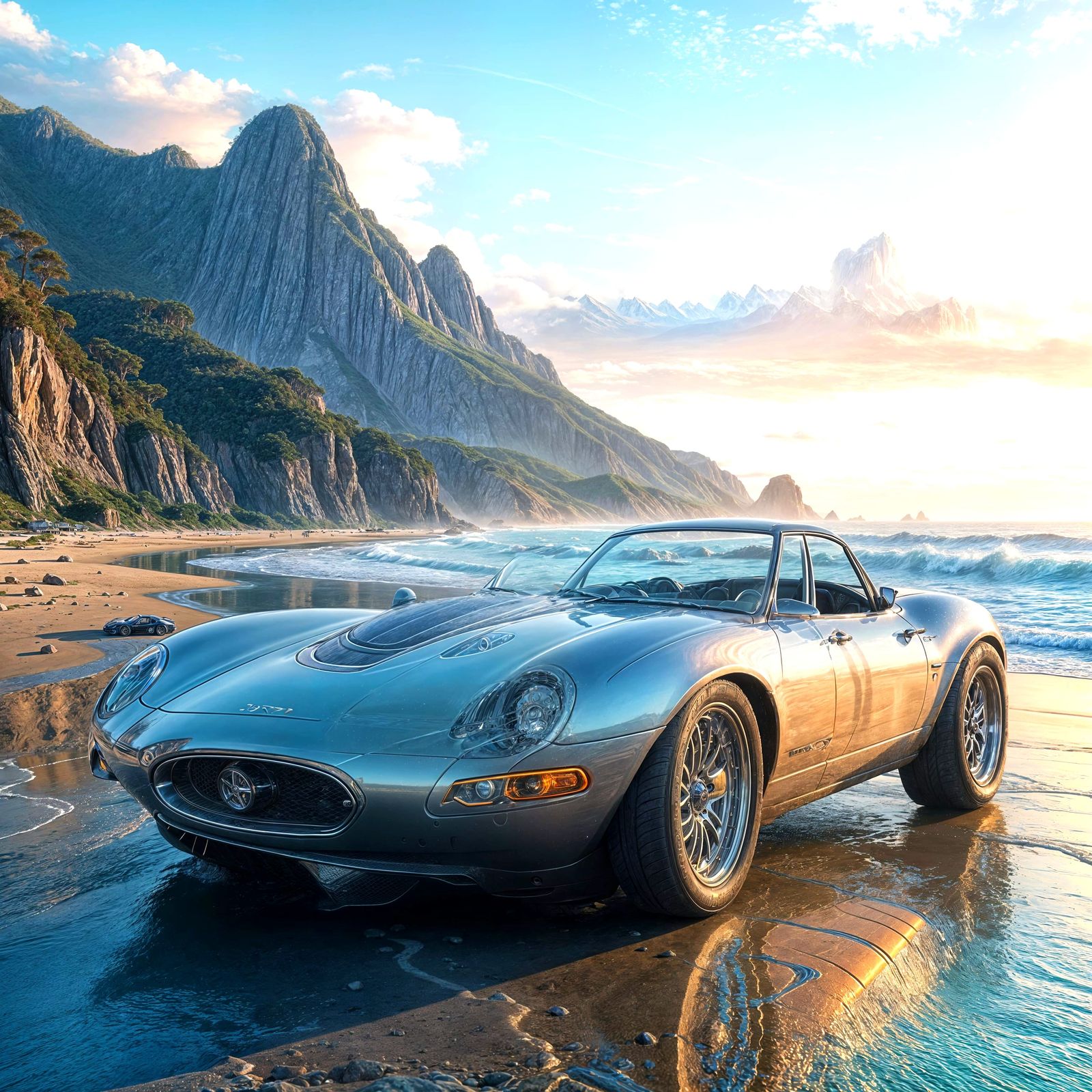 Hyperrealistic Car on a Beach: Detailed Matte Painting
