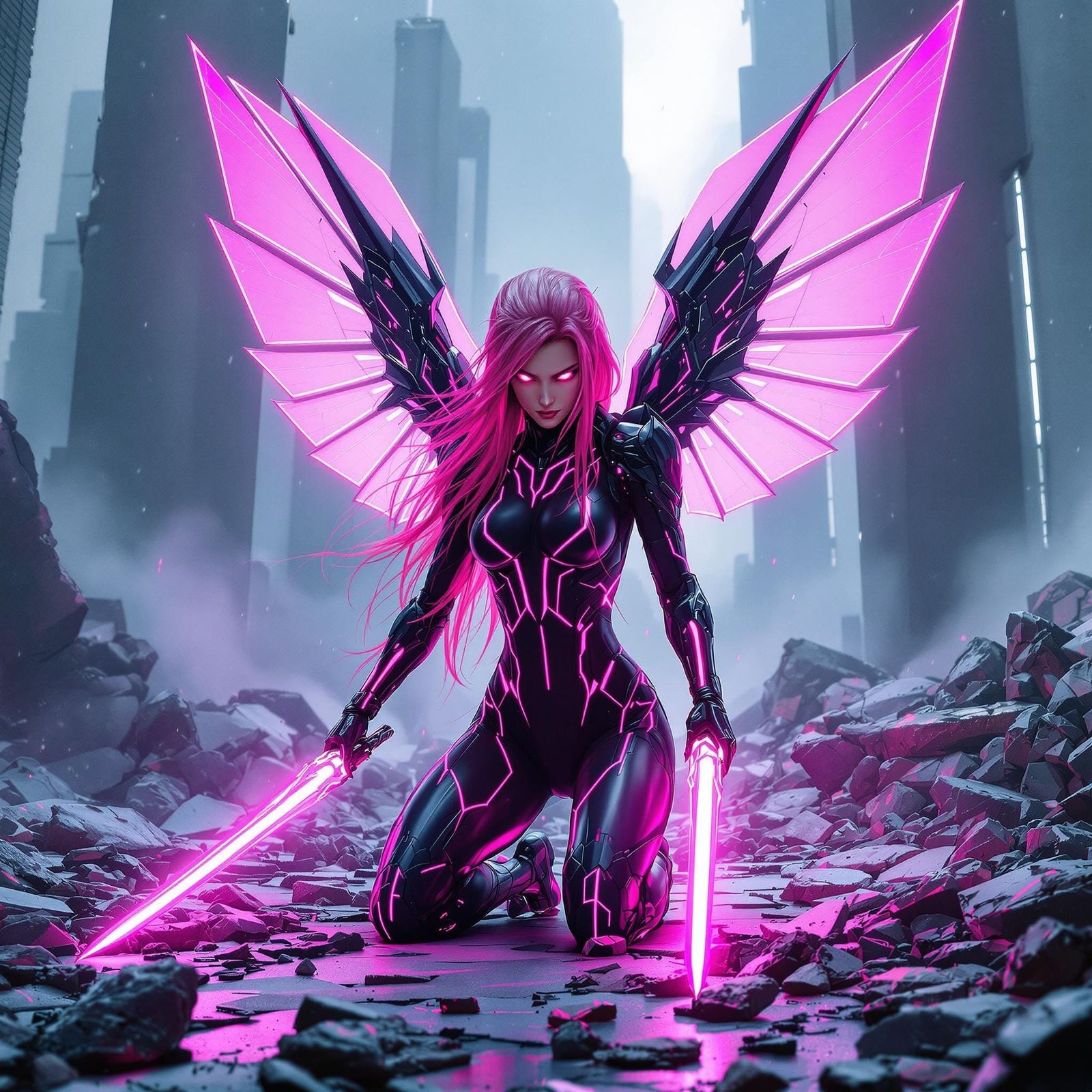 Cyberpunk Warrior with Neon Wings in Ruined City