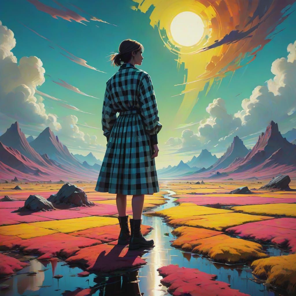 Surreal Gingham Dreamscape in Vibrant Oil Painting