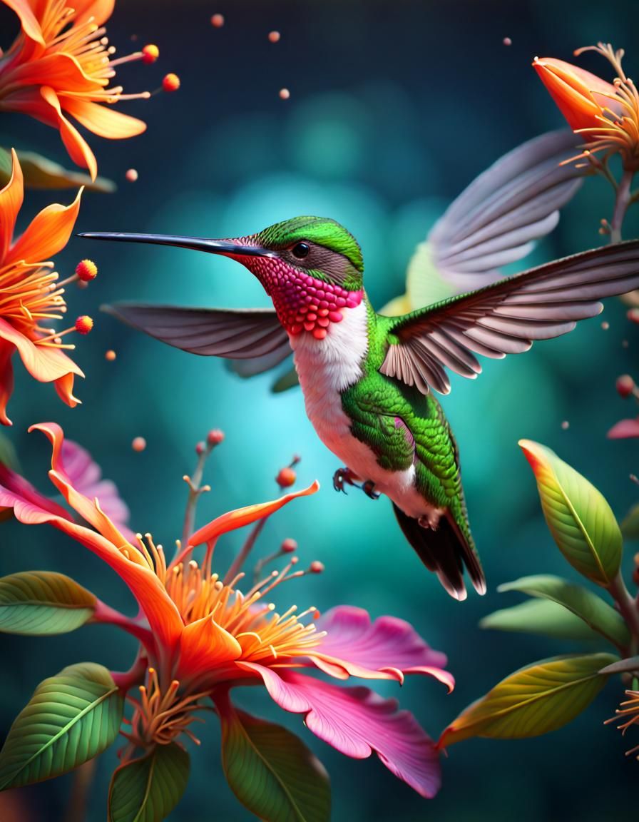 Hummingbird Nectar Feast in Hyperrealistic Splash Art