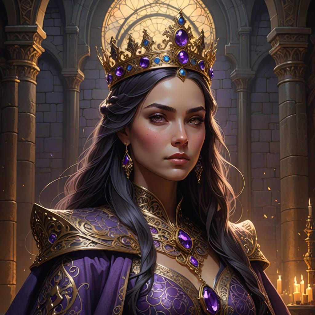 Regal Fantasy Queen in Dark Medieval Castle
