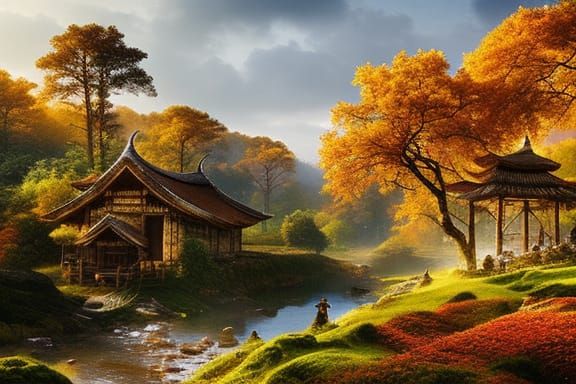 Autumn Forest Stone Village: Detailed Digital Painting