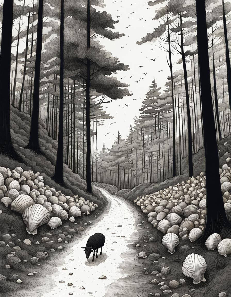 Black Sheep on Forest Road: Pen and Ink Sketch