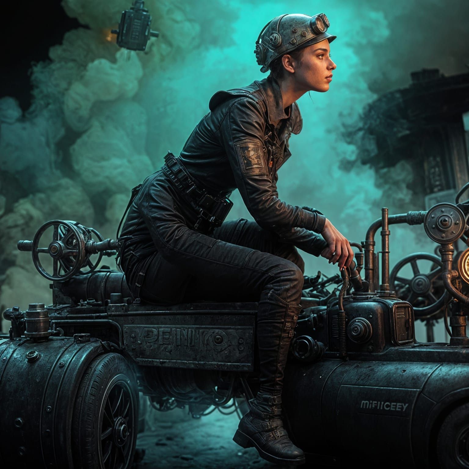 Woman in Dieselpunk Suit on Vehicle