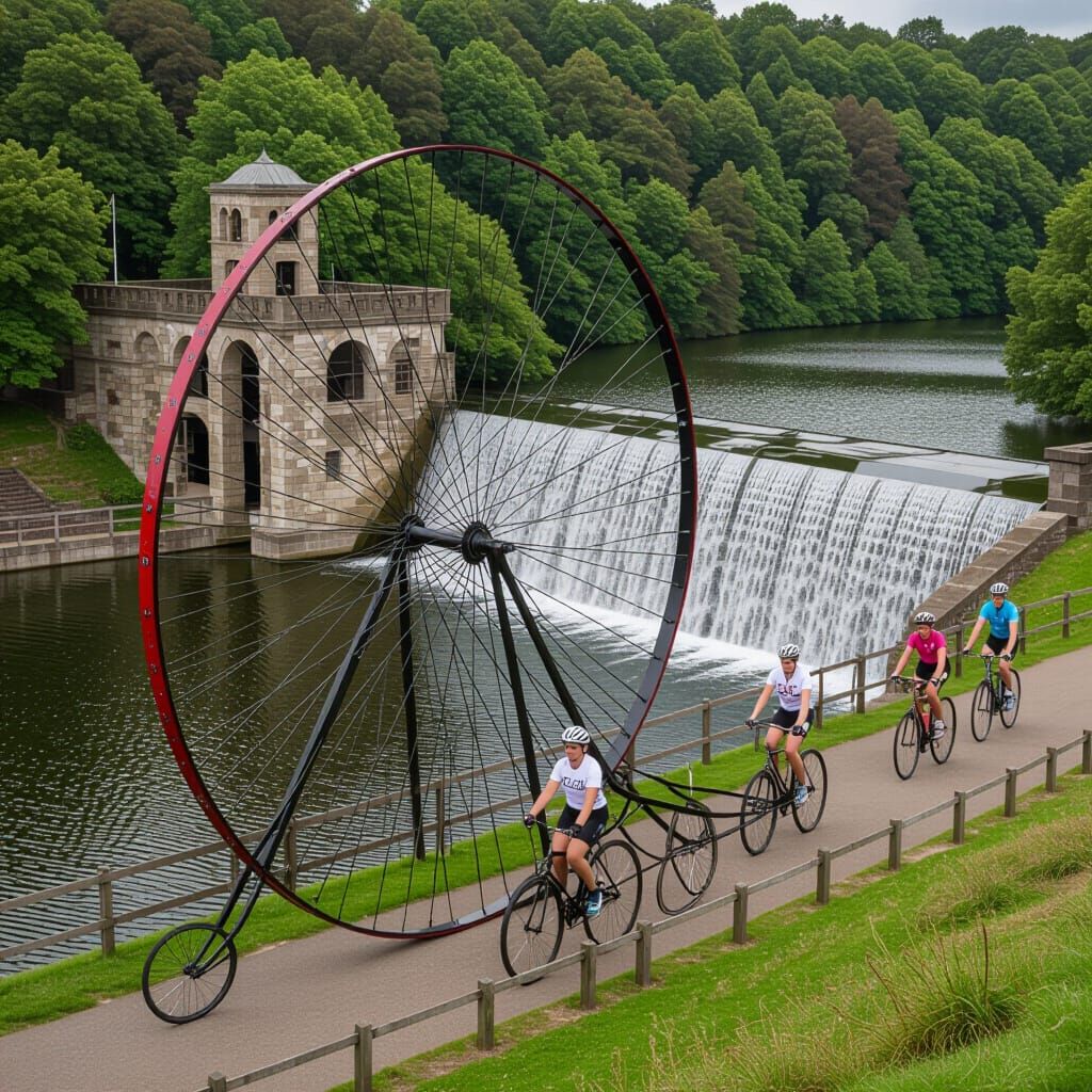 Penny Farthing Riders on Reservoir Dam Path