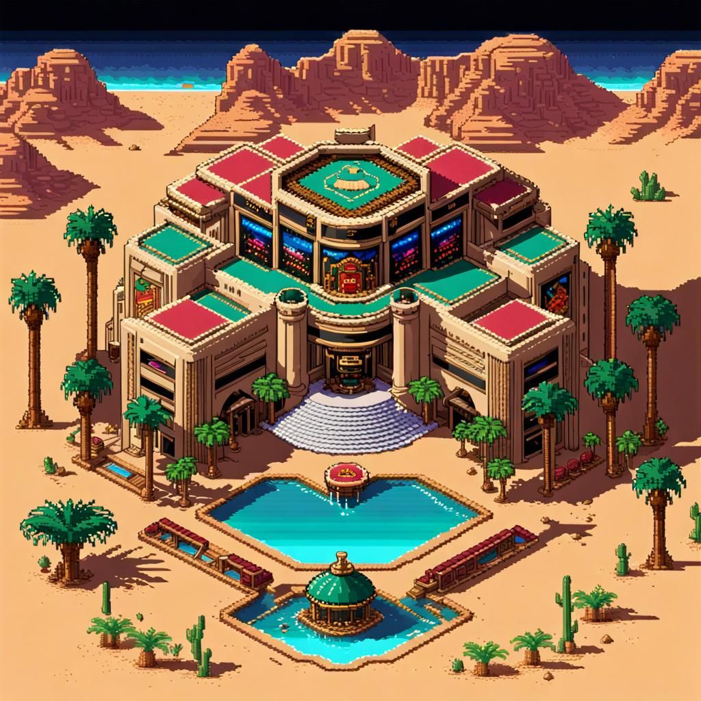 Luxurious Desert Casino Oasis in 8-Bit Pixel Art
