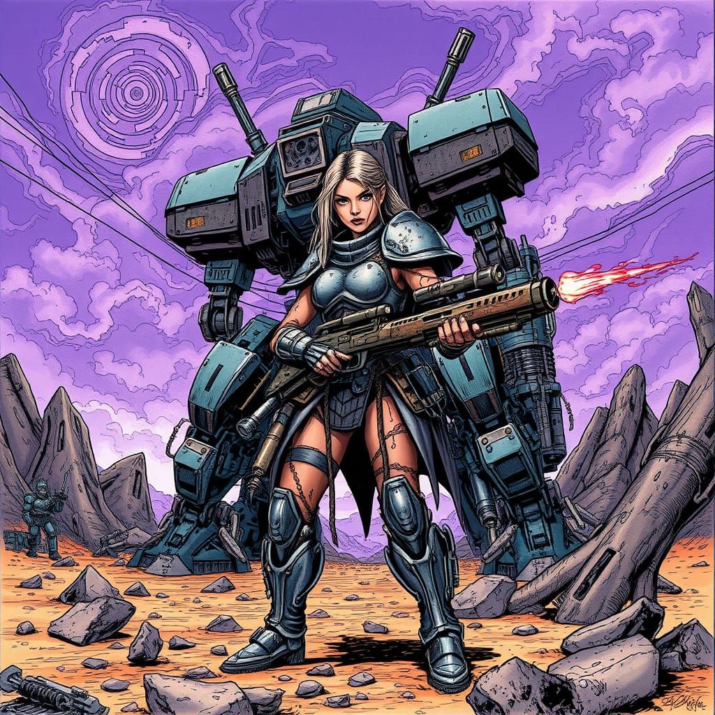 Female Warrior on Alien Battlefield in Comic Book Style
