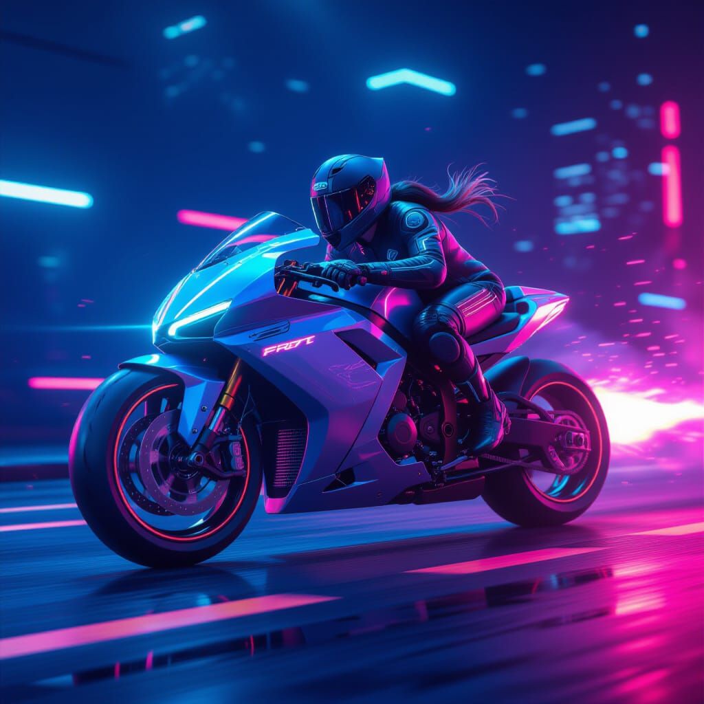 Cyberpunk Motorcycle Race in Hyperreal Neon Style