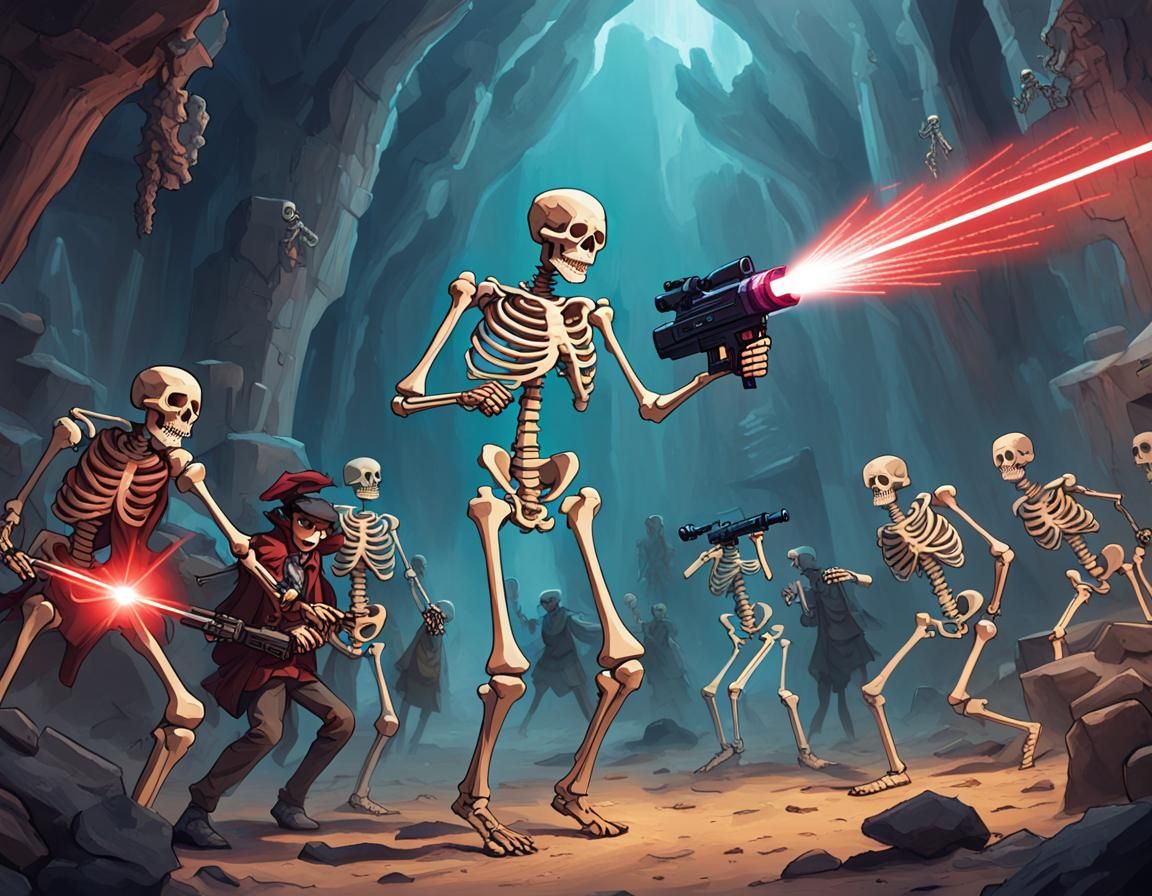 Skeleton Gunslinger Battles Adventurers with Laser Weapon