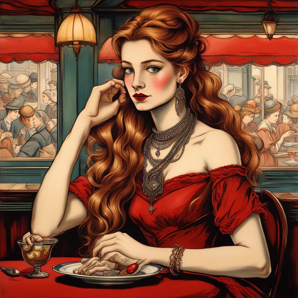 Shy Woman in Crimson Gown, Rackham Style