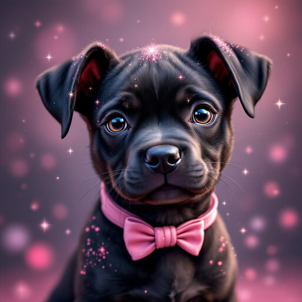 Cute Black Pitbull Puppy with Pink Sparkles and Bow