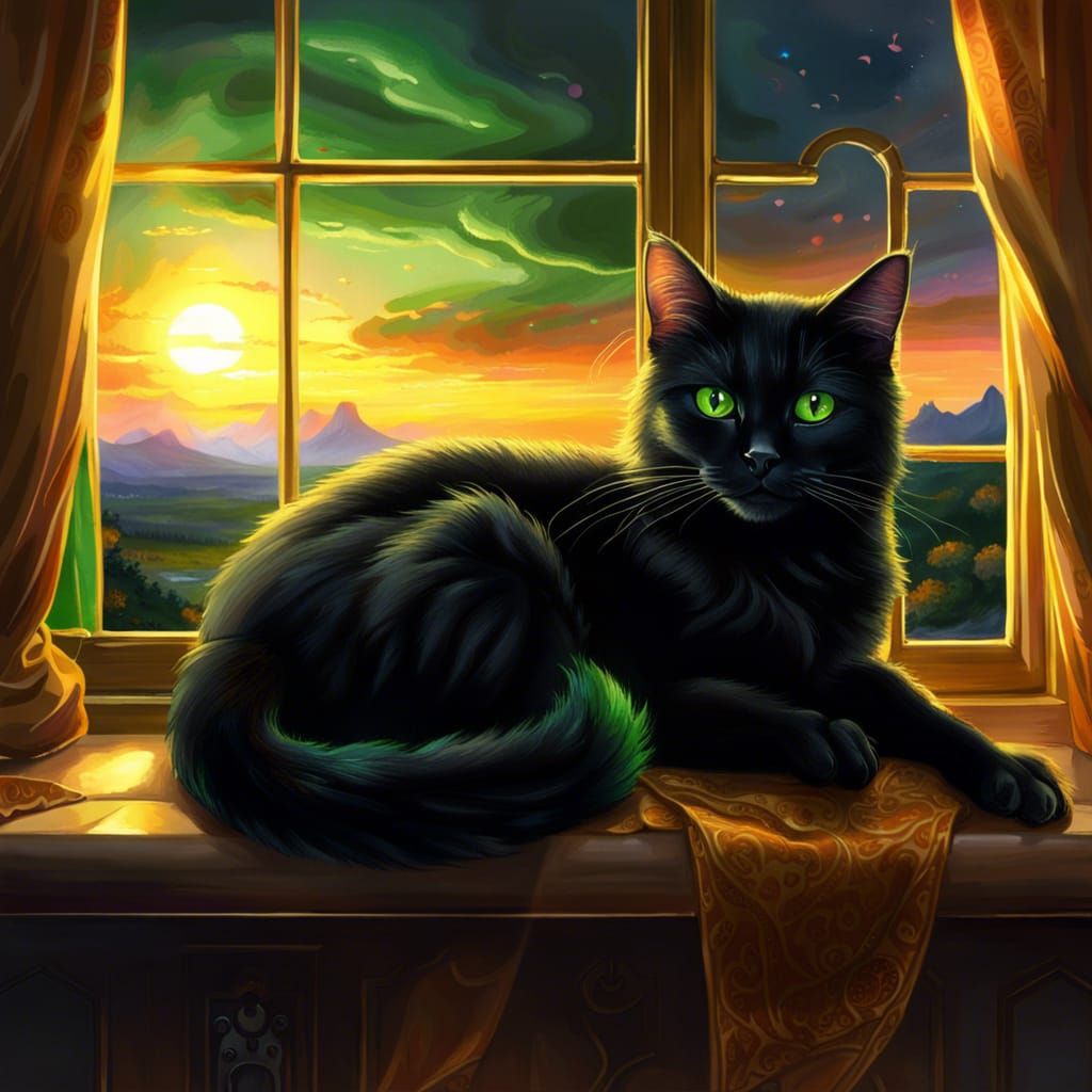 Black Cat Lounging at Sunset: Dark Fantasy Art