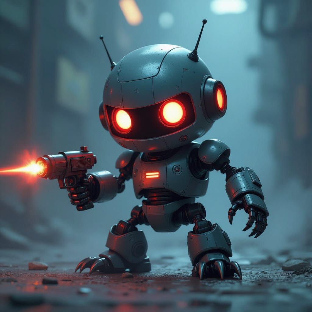 Adorable Robot with Laser Gun in Industrial Setting