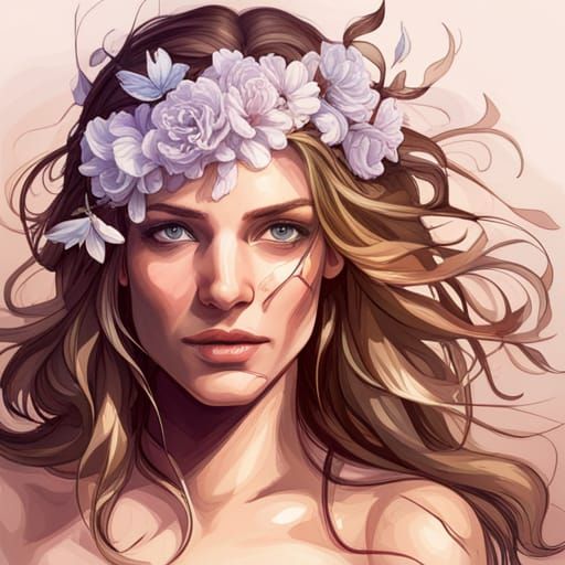 Woman with Flowers: Detailed Art Portrait