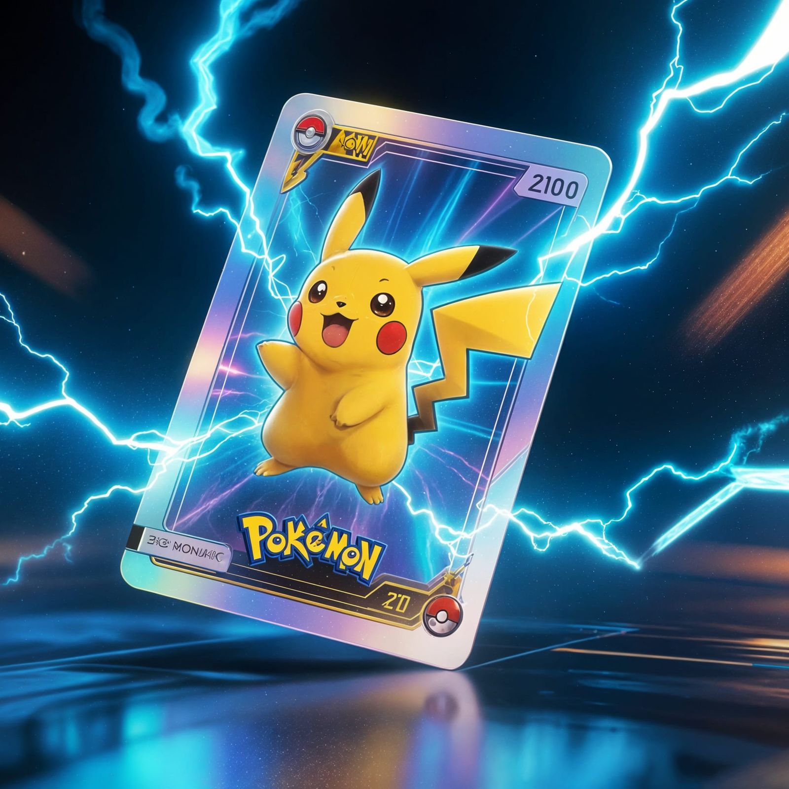 Pikachu Pokémon Card with Lightning Bolts in 3D