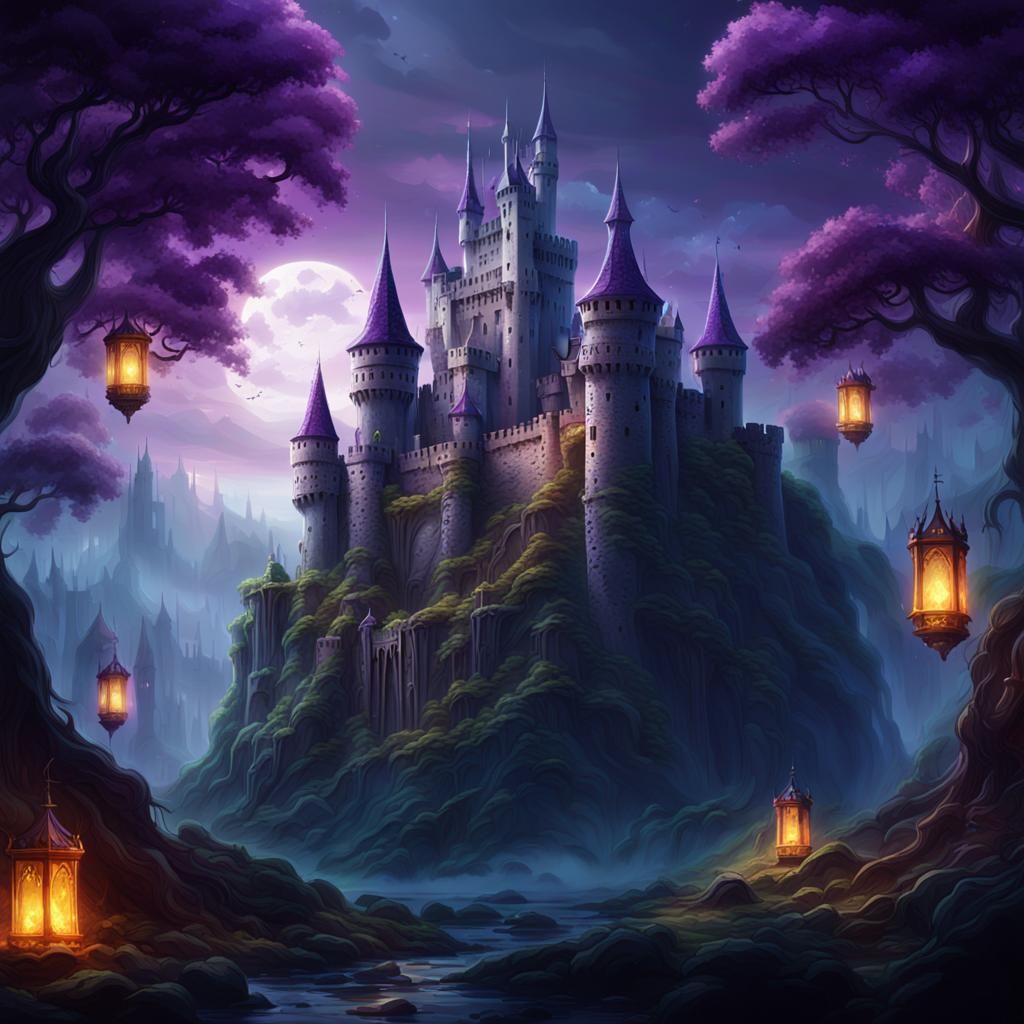 Medieval Castle Soars Above Enchanted Forest in Vibrant, Hyp...