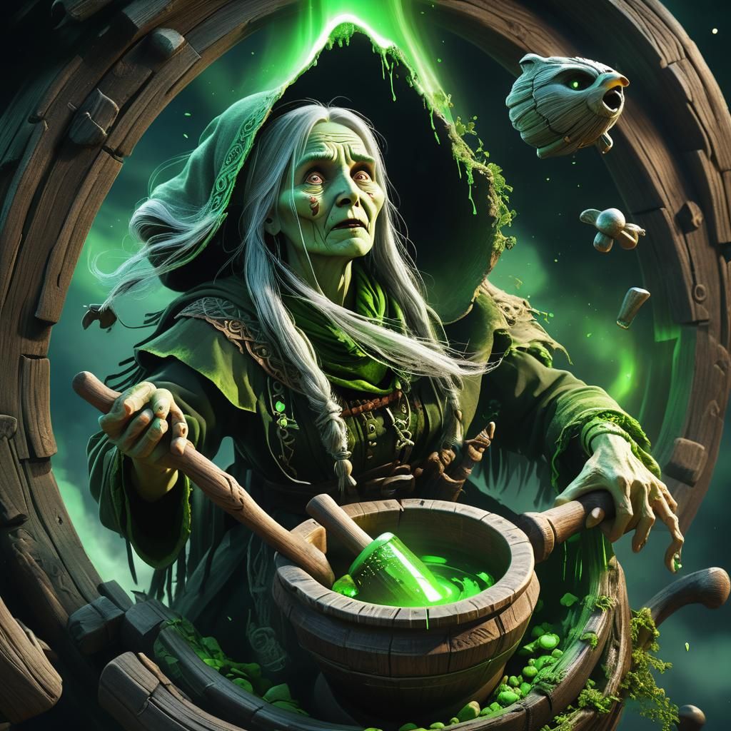 Baba Yaga Flies Through Stormy Sky: 3D Art