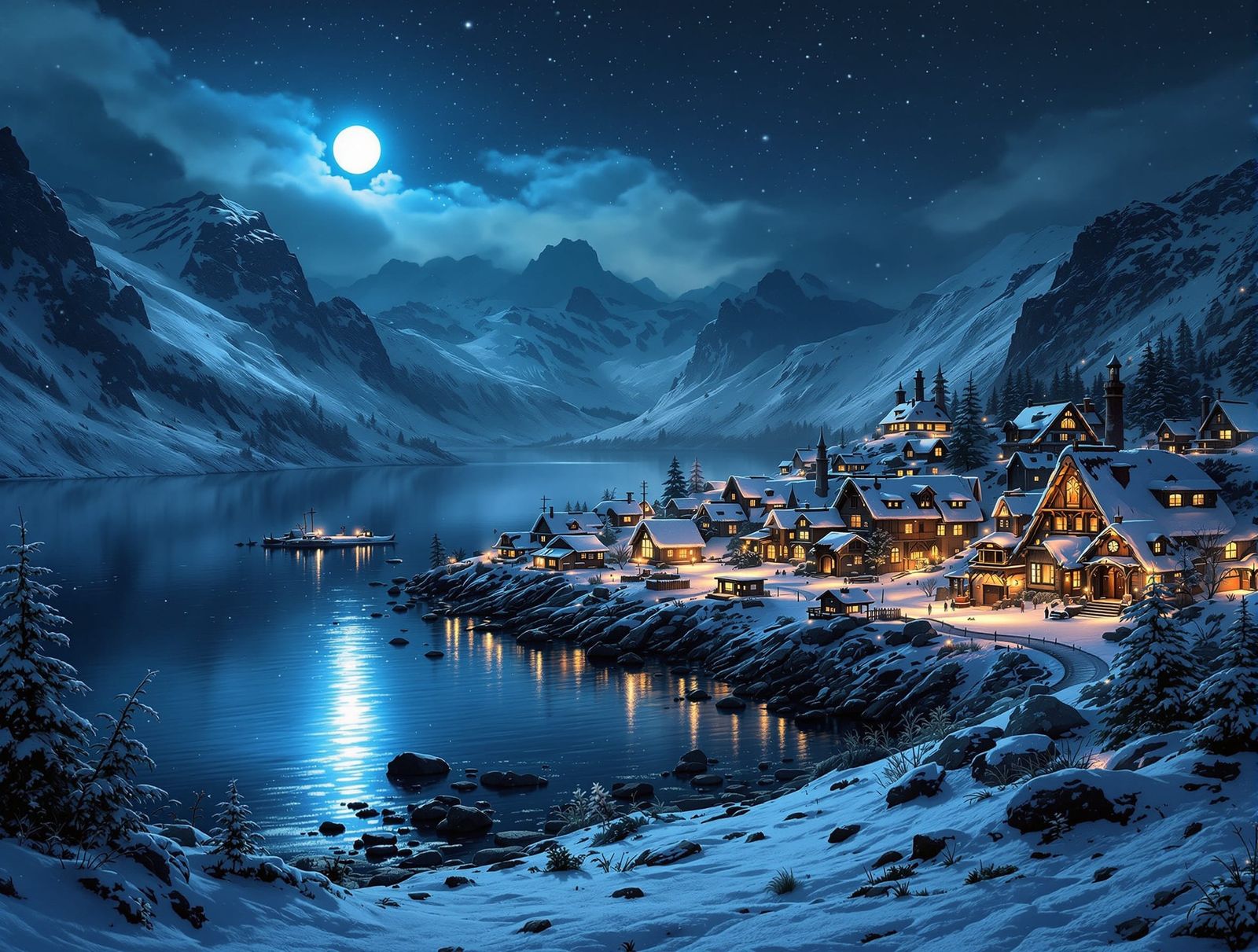 Norse Village Under Starry Night Sky