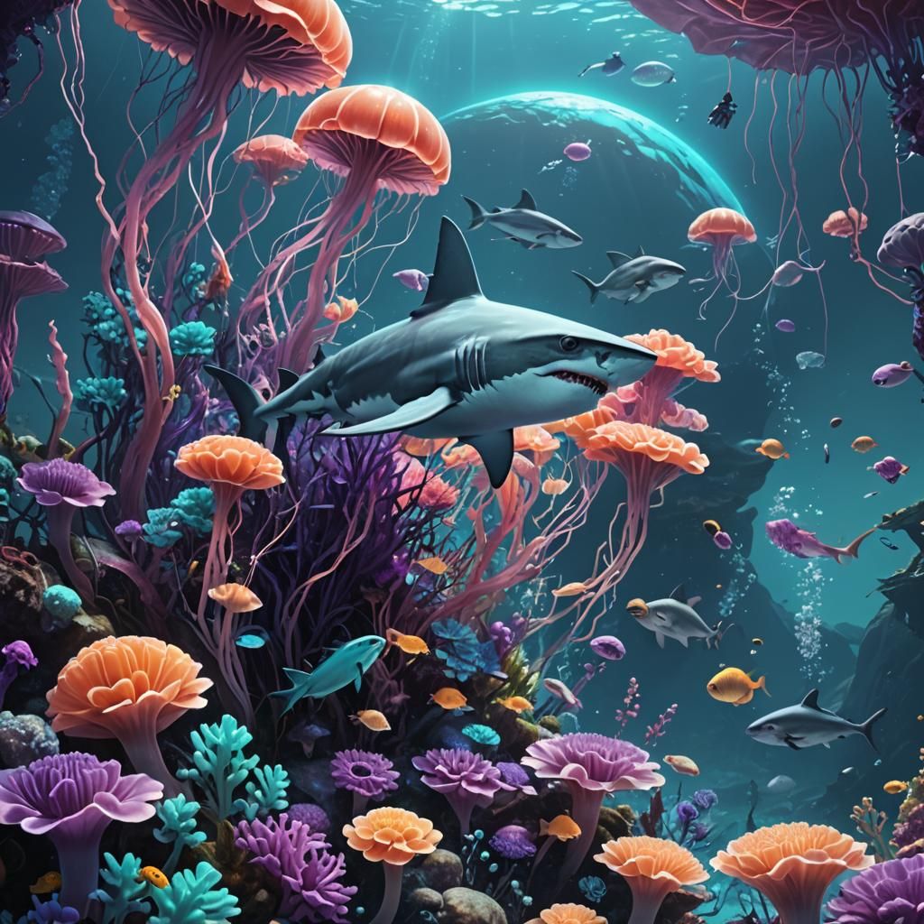 Surreal Shark-Rabbit Mix in Underwater Garden of Eden
